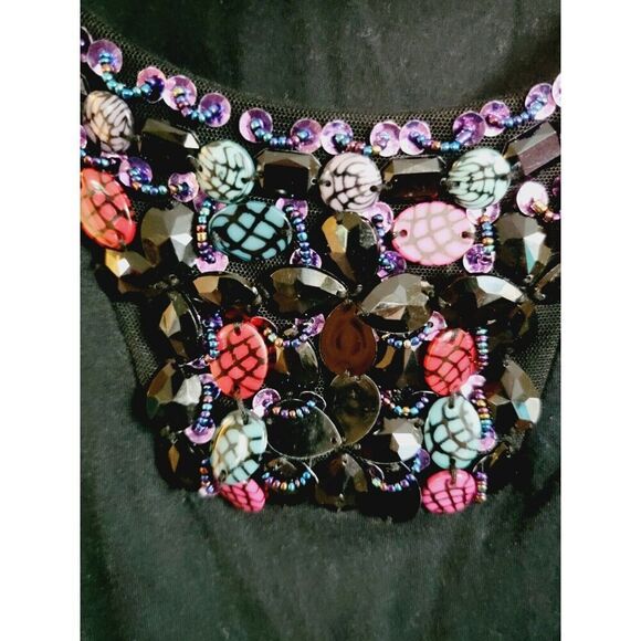 Susan Lawrence 1X Top 3/4‎ Sleeve Black Large Beading Vintage USA Cotton Blnd - Picture 5 of 7